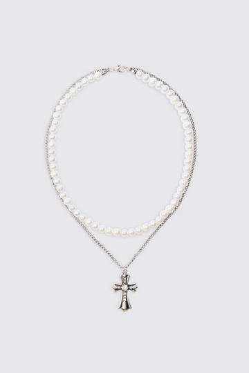 Silver Pearl & Chain Necklace With Cross Pendant In Silver