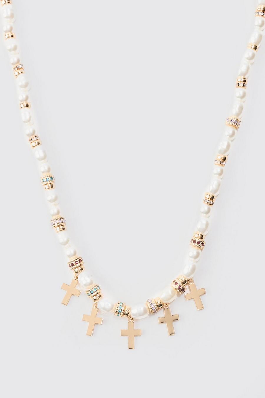 Pearl Bead Necklace With Cross Charms In Gold