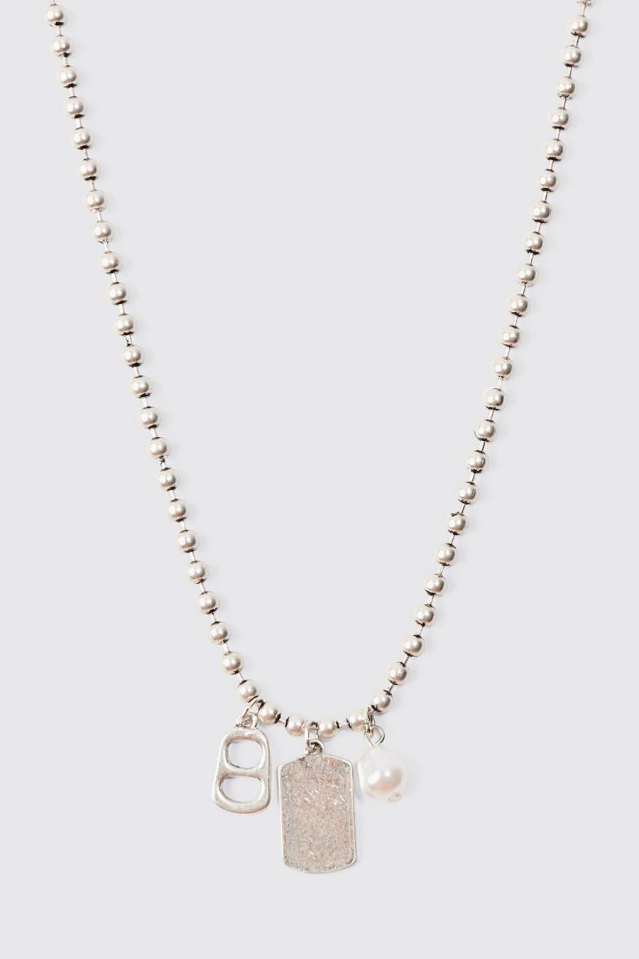 Collier à perles et pendentif métallisés, Silver image number 1