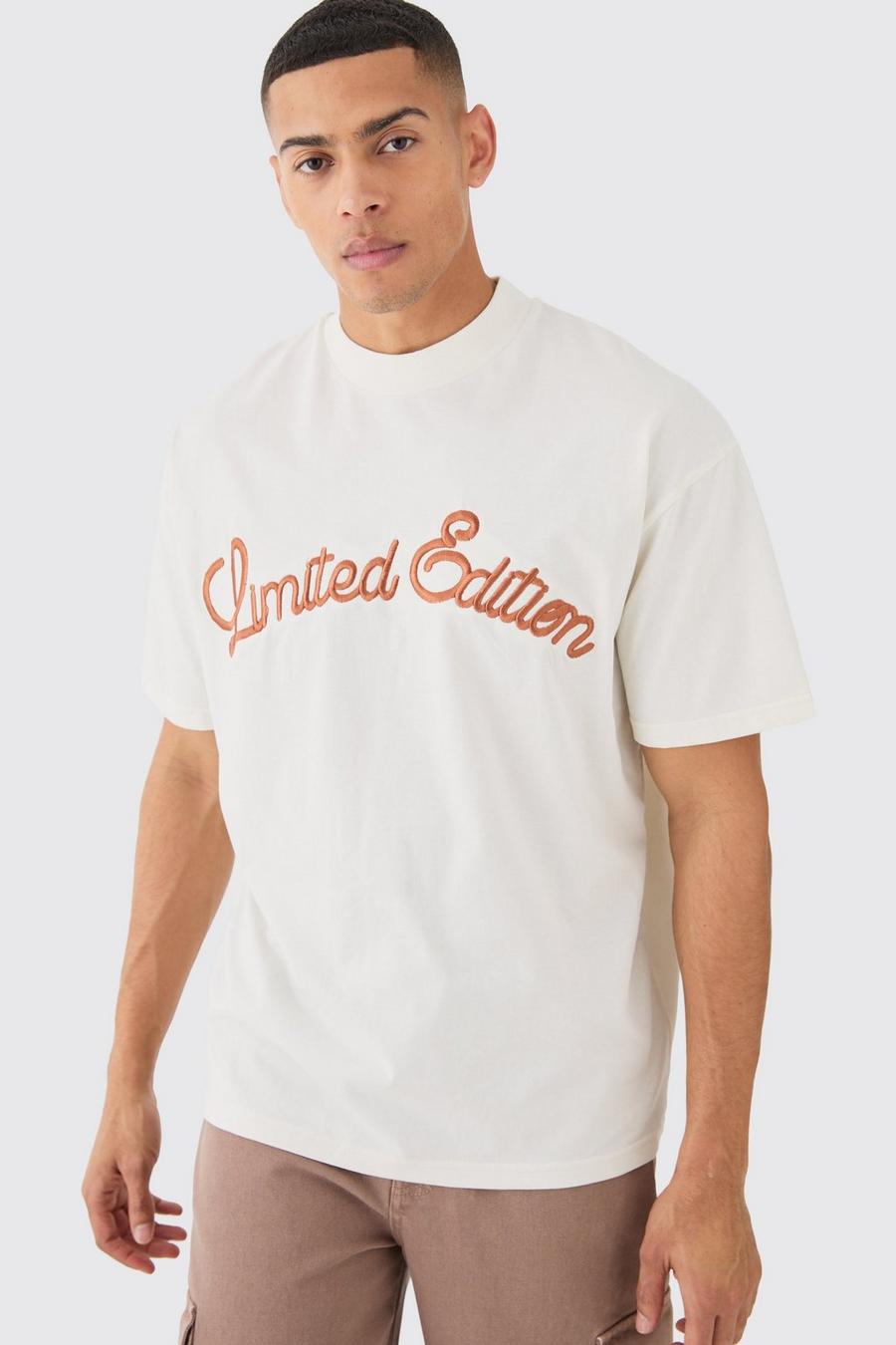 Ecru Oversized Heavyweight 3D Limited Embroidered T-Shirt image number 1
