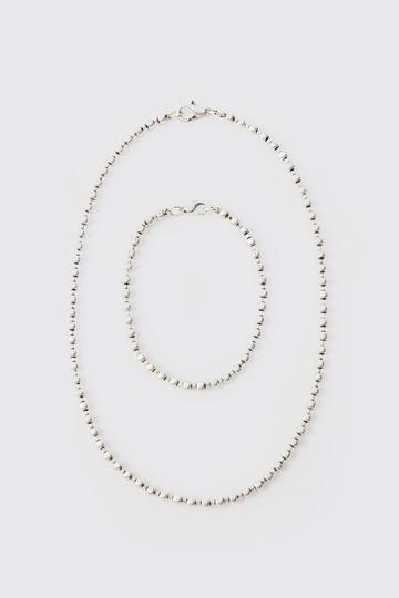 Metal Bead Multilayer Necklace & Bracelet In Silver silver