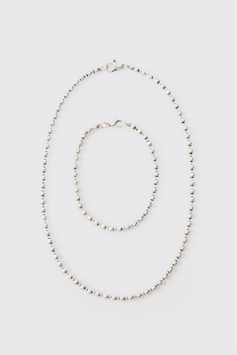 Metal Bead Multilayer Necklace & Bracelet In Silver