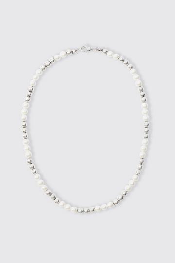 Silver Metal Bead And Pearl Necklace