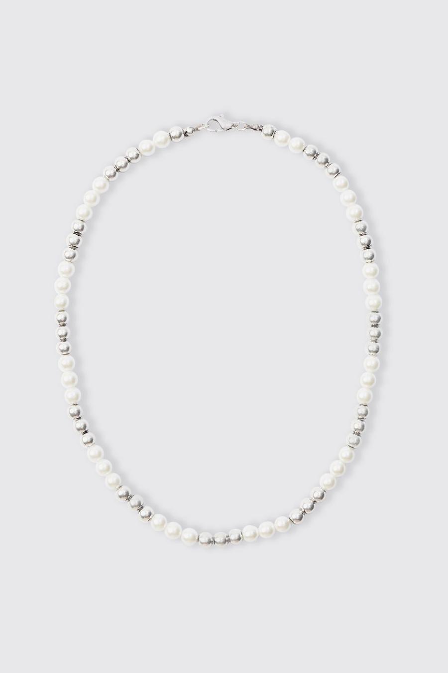 Silver Metal Bead And Pearl Necklace
