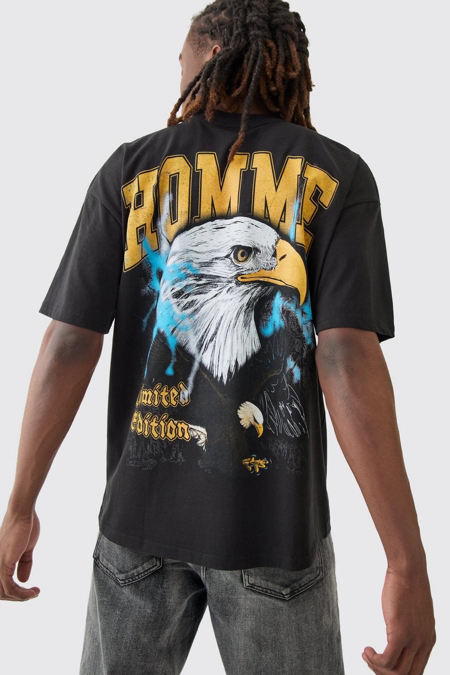 Black Oversized Homme Eagle T-Shirt Met Print image number 1