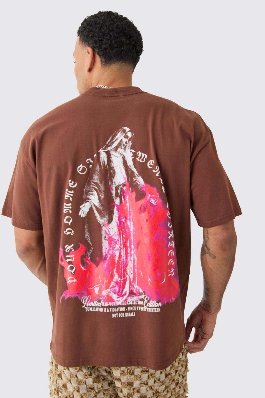 Camiseta oversize gruesa con estampado gótico, Chocolate image number 1