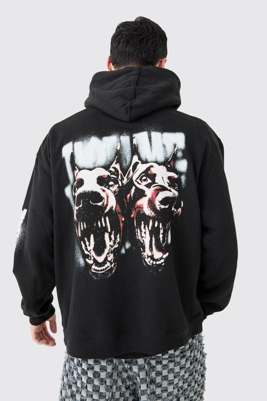 Sudadera oversize con capucha y estampado gráfico de perro, Black