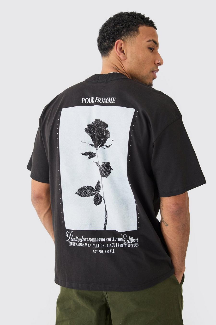 T-shirt oversize pesante con grafica di rose, Black image number 1