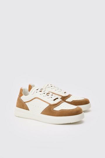 Brown Suede Contrast Panel Sneakers In Tan