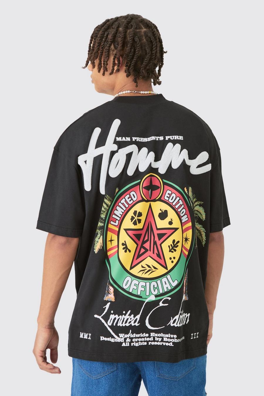 Black Oversized Geborduurd Homme T-Shirt Met Print image number 1