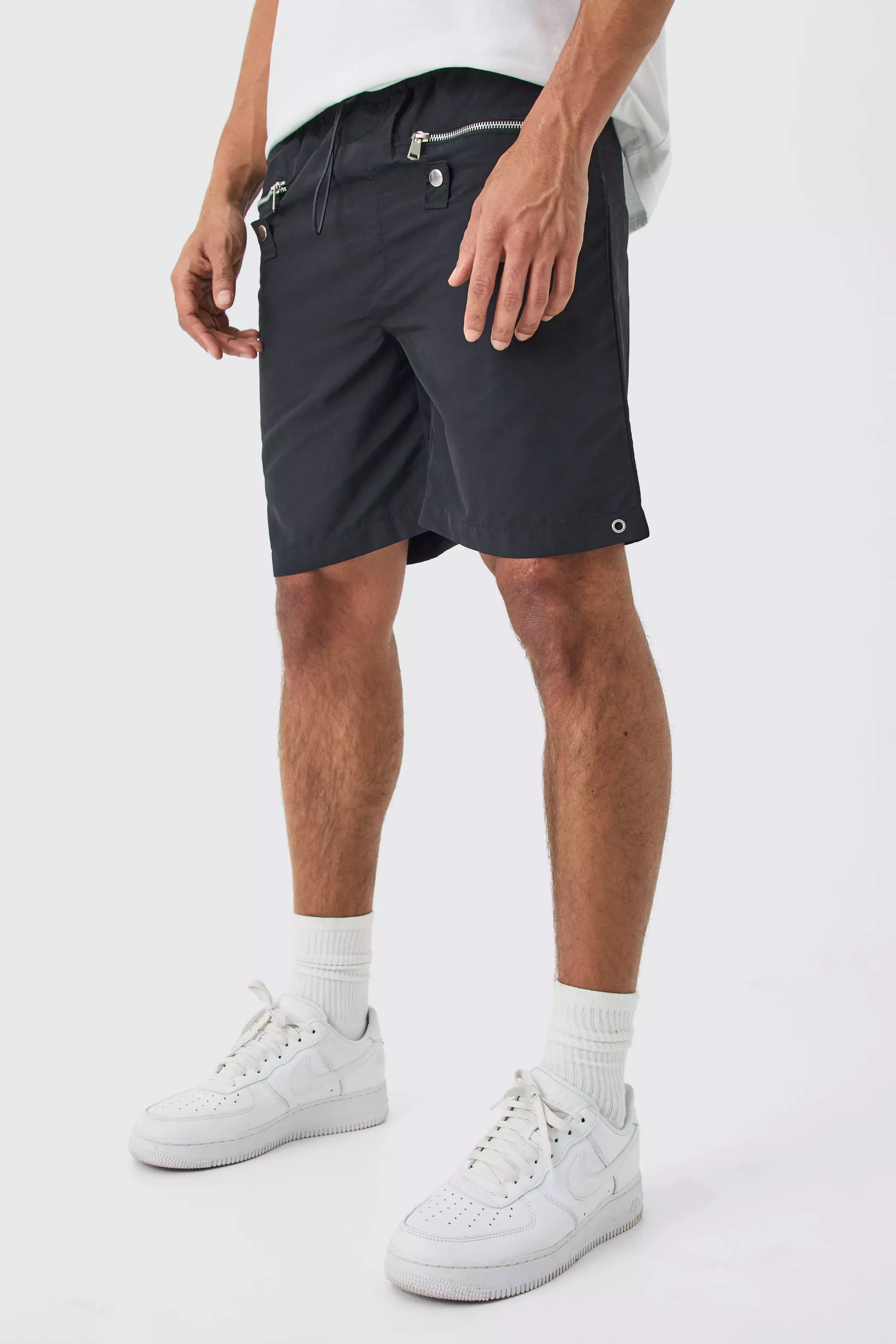 Black Elasticated Waist Zip Detail Relaxed Shell Short alternative image