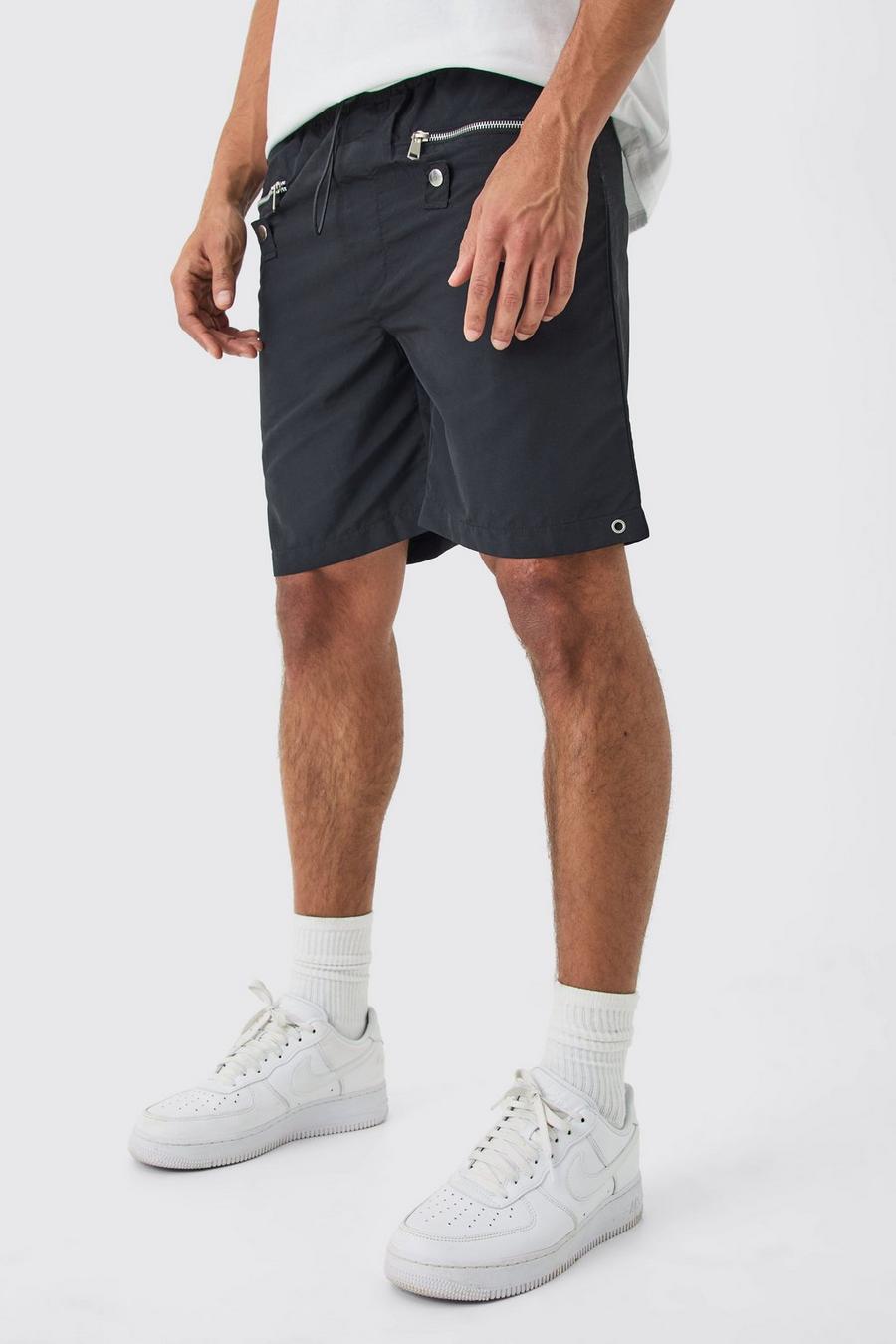 Black Baggy Soft-Shell Shorts Met Rits Detail