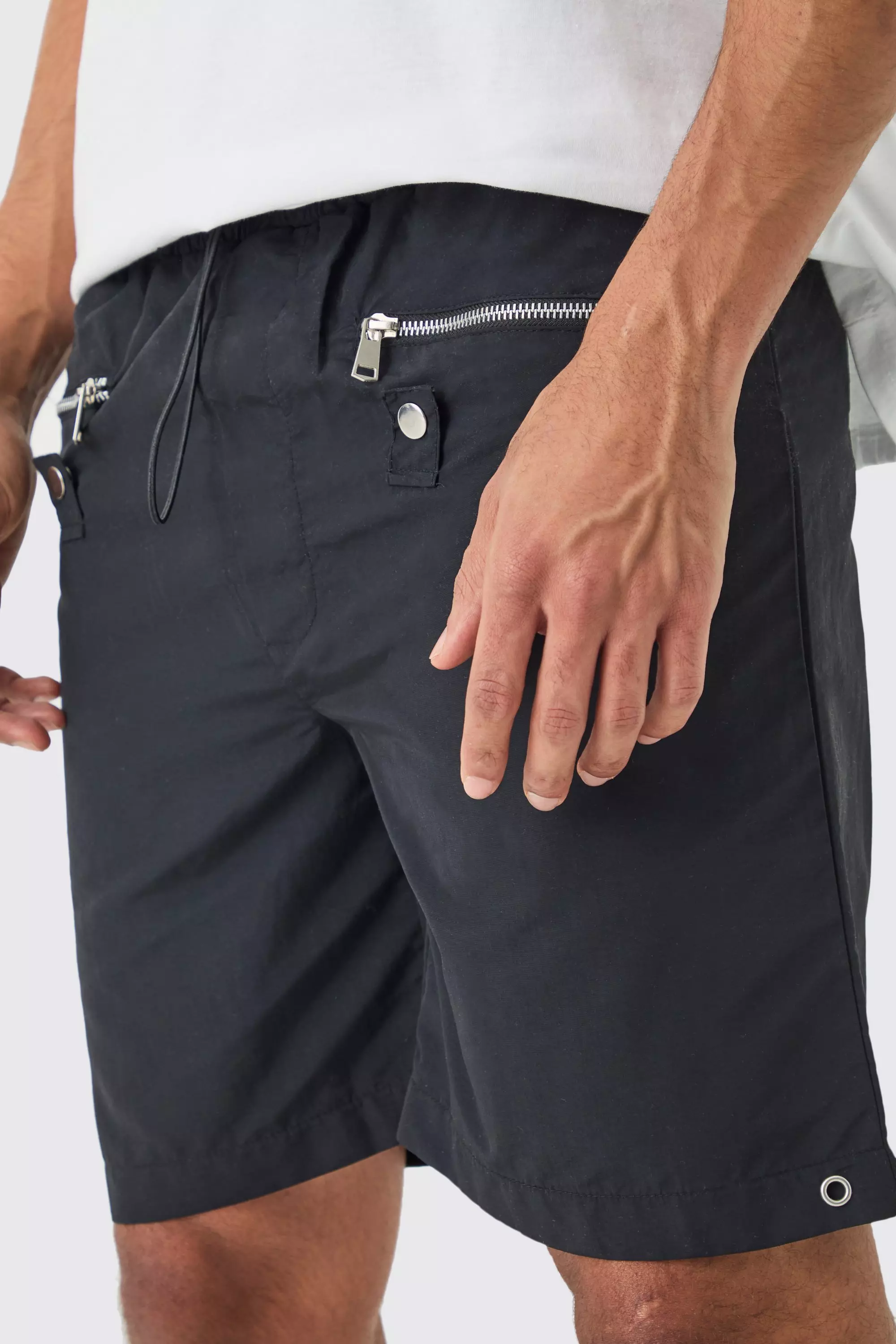 Black Elasticated Waist Zip Detail Relaxed Shell Short alternative image