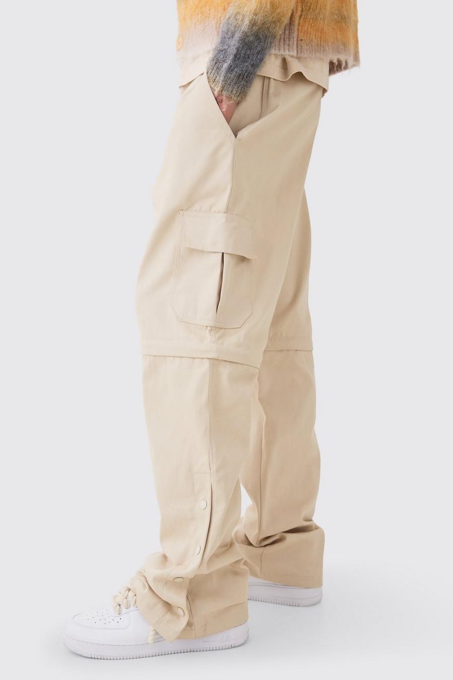 Pantalón cargo holgado de sarga con cintura fija y botones de presión en el bajo con cremallera, Sand