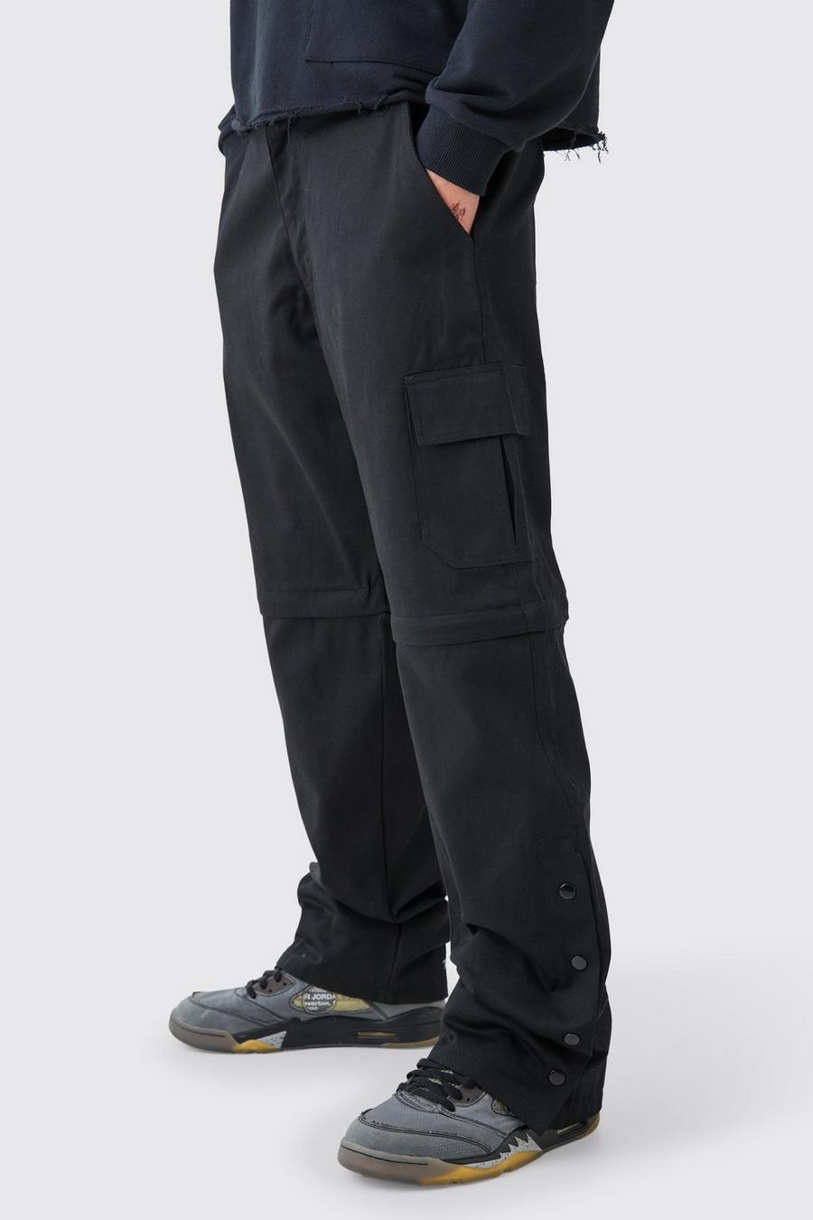Pantalón cargo holgado de sarga con cintura fija y botones de presión en el bajo con cremallera, Black image number 1
