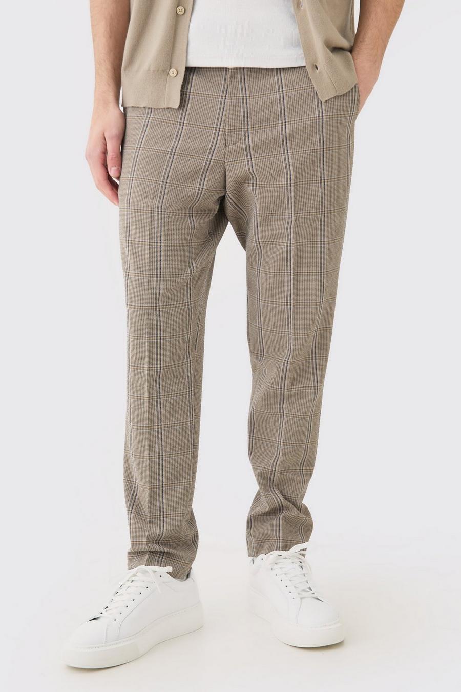 Brown Stretch Textured Check Tailored Trousers image number 1