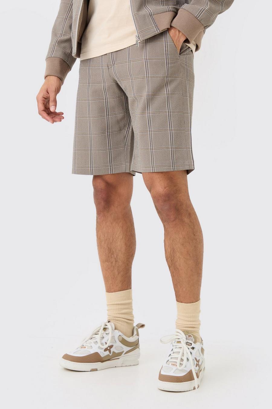 Brown Stretch Textured Check Fixed Waist Shorts image number 1