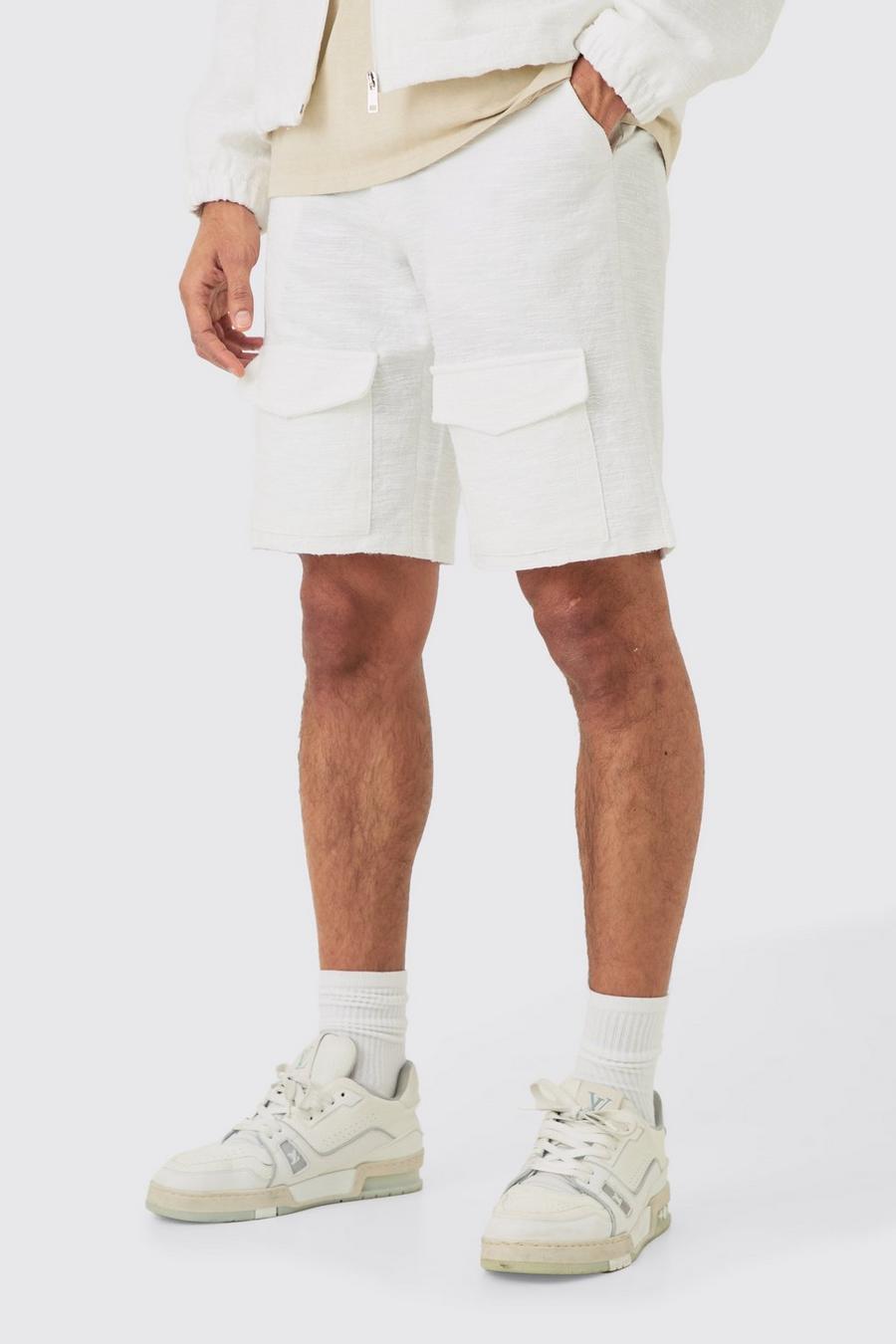 Pantalón corto cargo elegante texturizado de jacquard con cintura fija, White