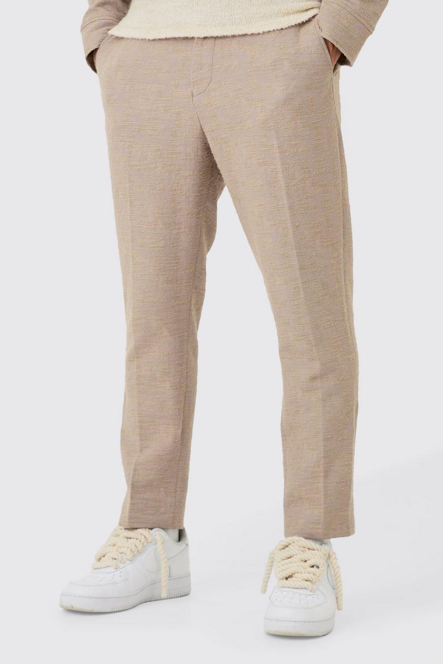 Taupe Textured Jacquard Fixed Waist Smart Tapered Trousers image number 1