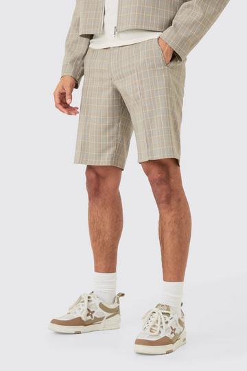 Checked Fixed Waist Tailored Shorts stone