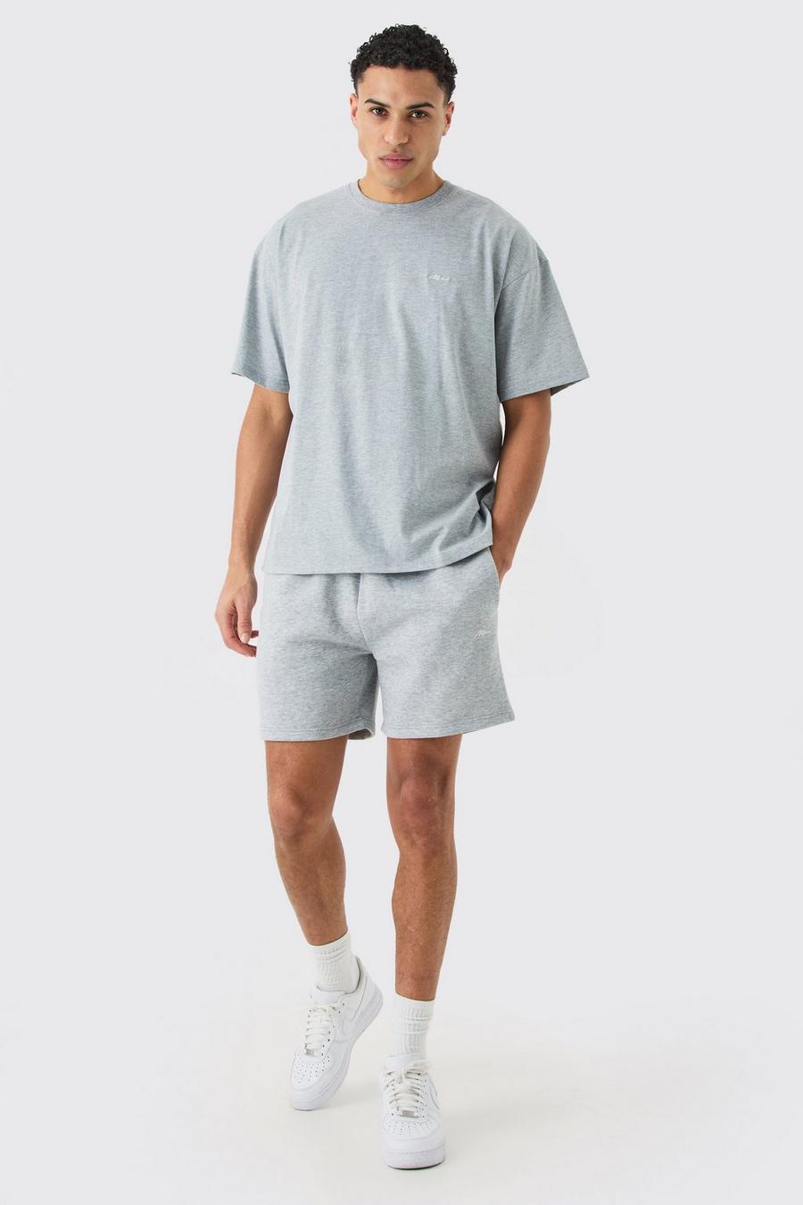 Grey marl Man Signature T-shirt och shorts med ledig passform image number 1
