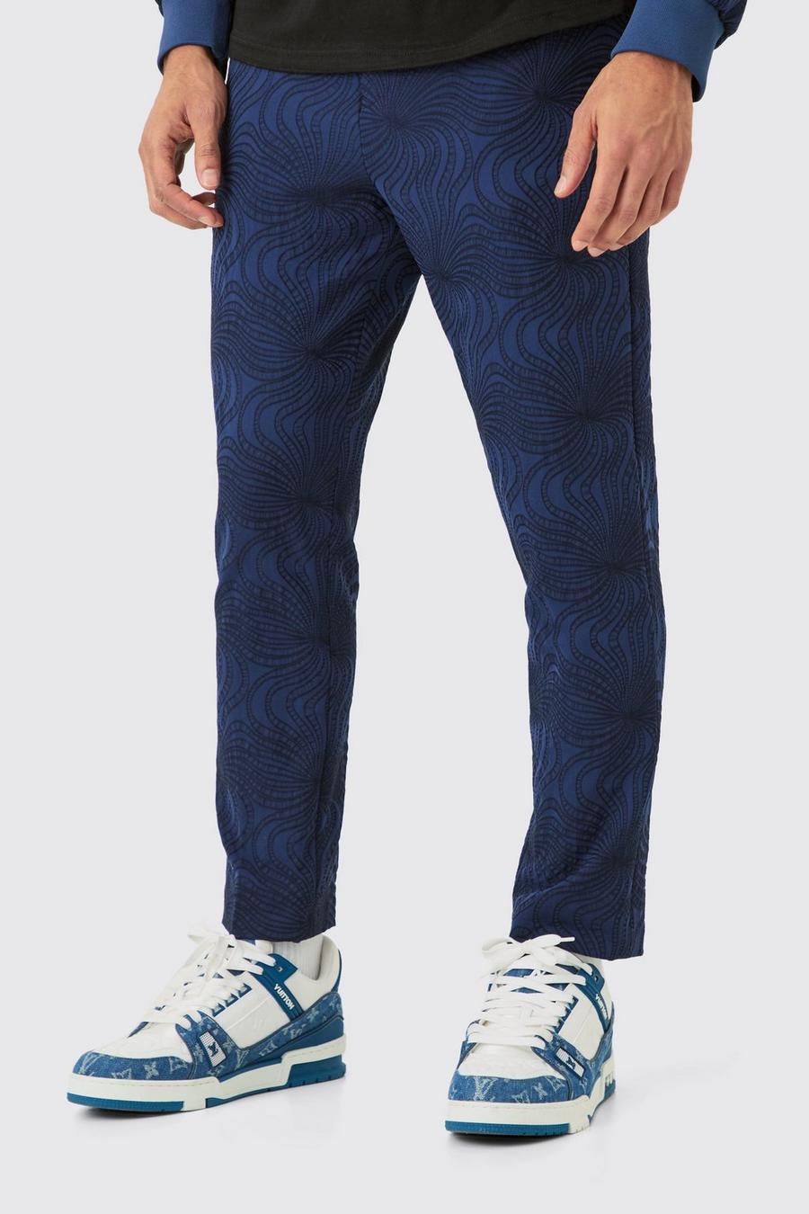 Navy Textured Tailored Pintuck Tapered Trousers