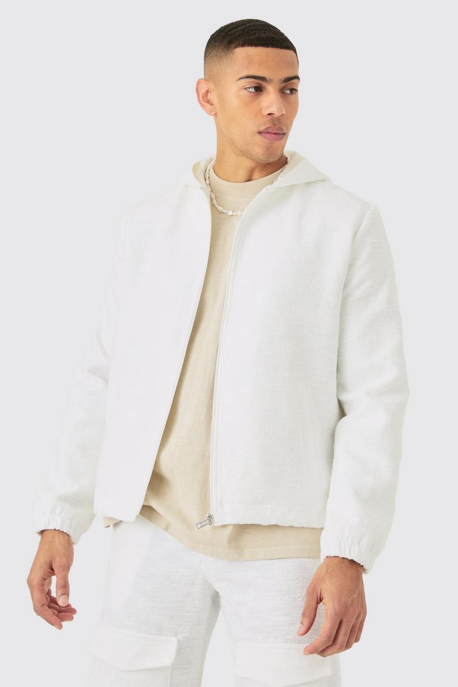 Chaqueta elegante texturizada de algodón jacquard con capucha, White image number 1