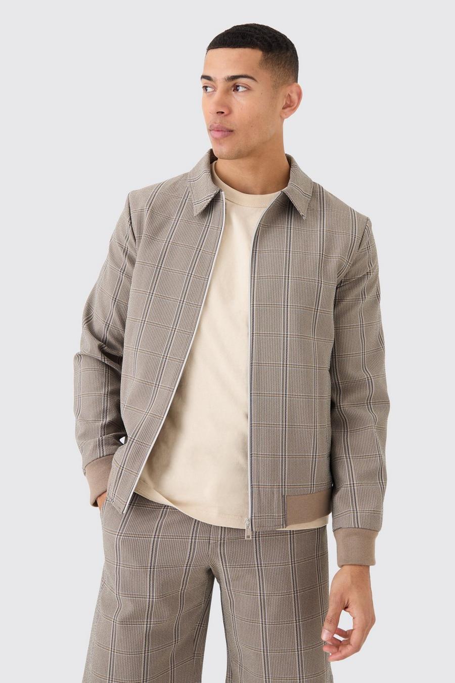 Brown Stretch Textured Check Smart Bomber Jacket image number 1