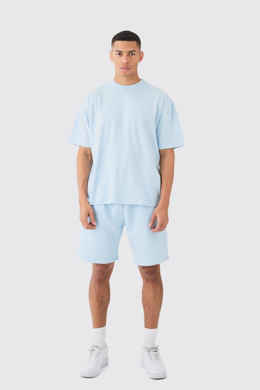 Conjunto MAN oversize de pantalón corto holgado y camiseta con cuello extendido, Light blue image number 1