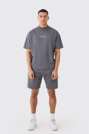 Man Oversized T-Shirt Met Brede Nek En Cargo Shorts Set charcoal