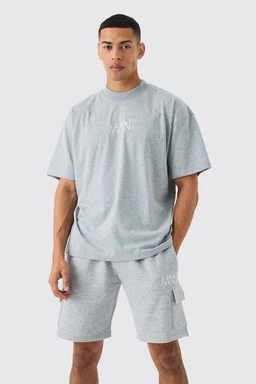 Man Oversized T-Shirt Met Brede Nek En Cargo Shorts Set grey marl