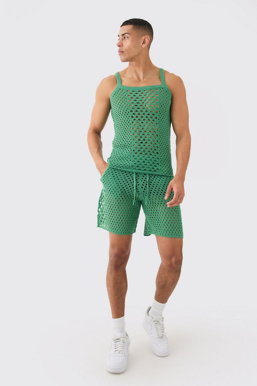 Green Gebreide Muscle Fit Tank Top En Shorts Set