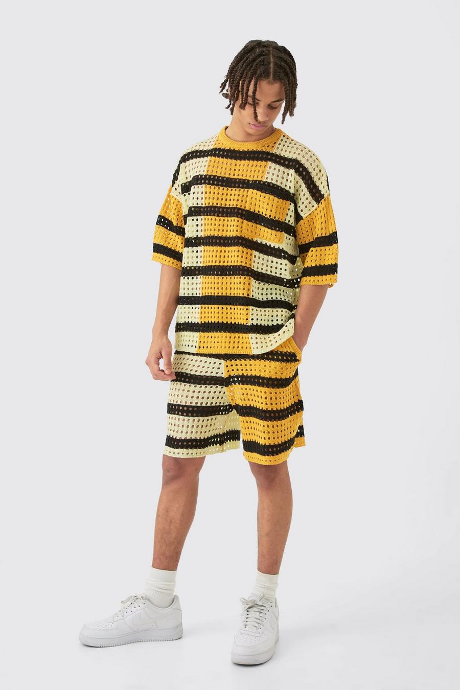 Mustard Oversized Gebreide T-Shirt Met Open Stiksels En Shorts Set