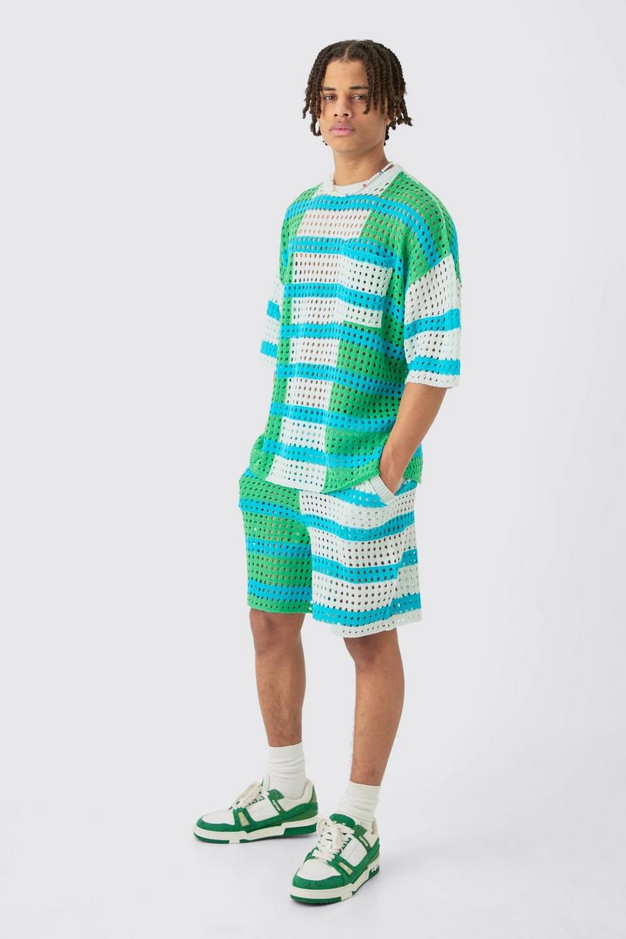 Light blue Oversized Open Stitch T-shirt Short Knitted Set