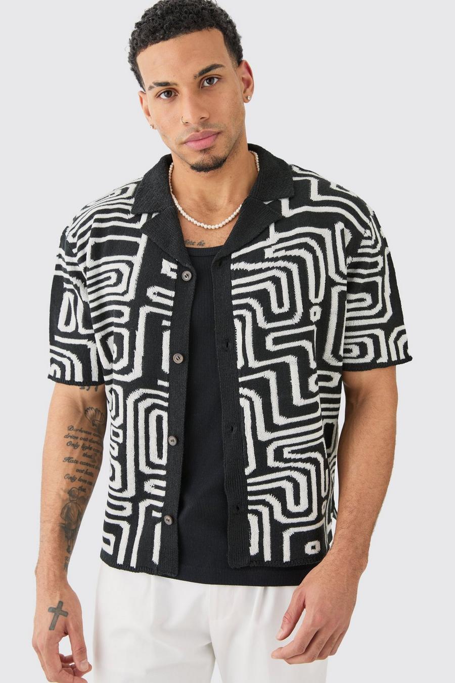 Camicia squadrata in maglia traforata in rilievo, Black image number 1