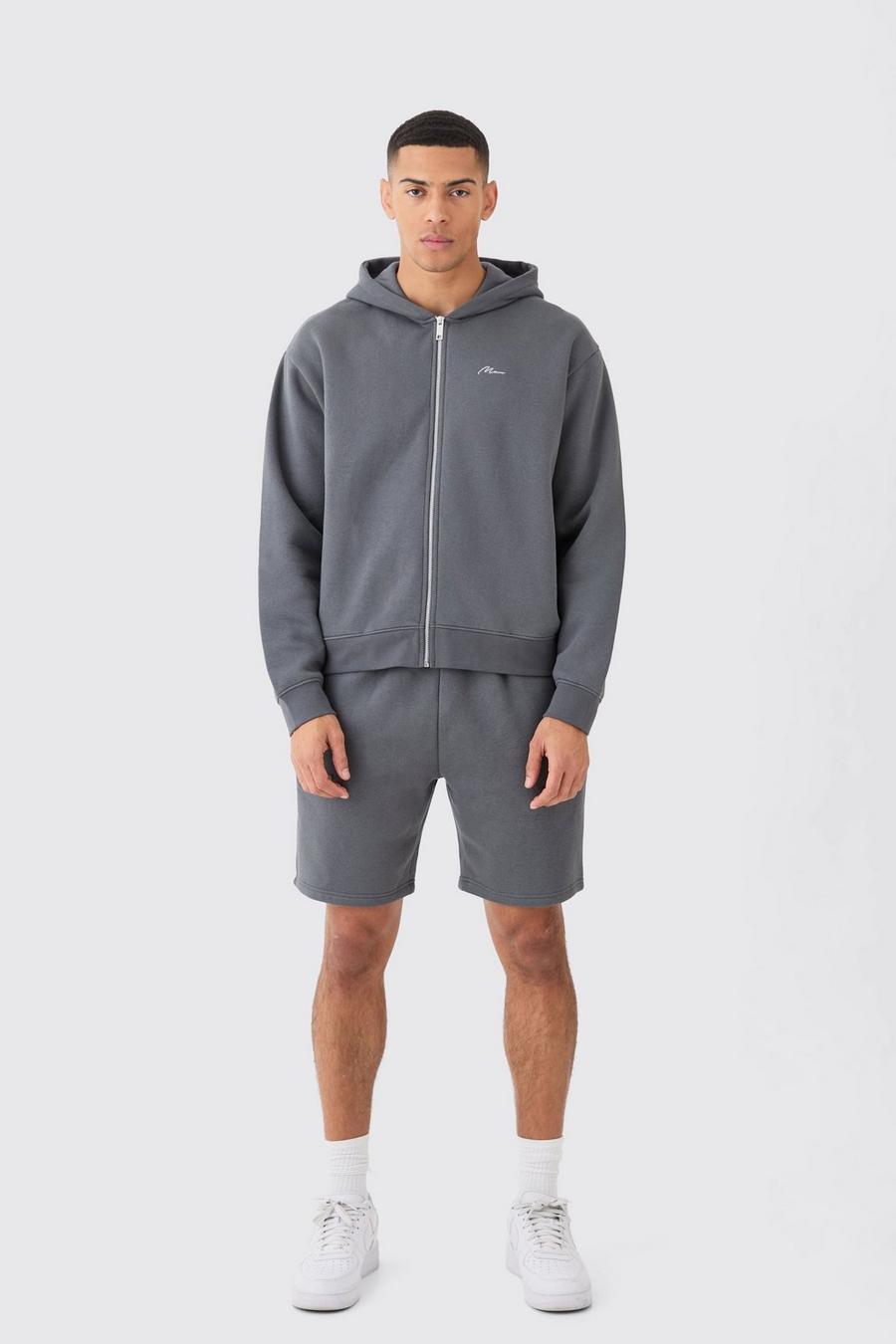 Charcoal Man Signature Oversize träningsoverall med shorts och dragkedja image number 1