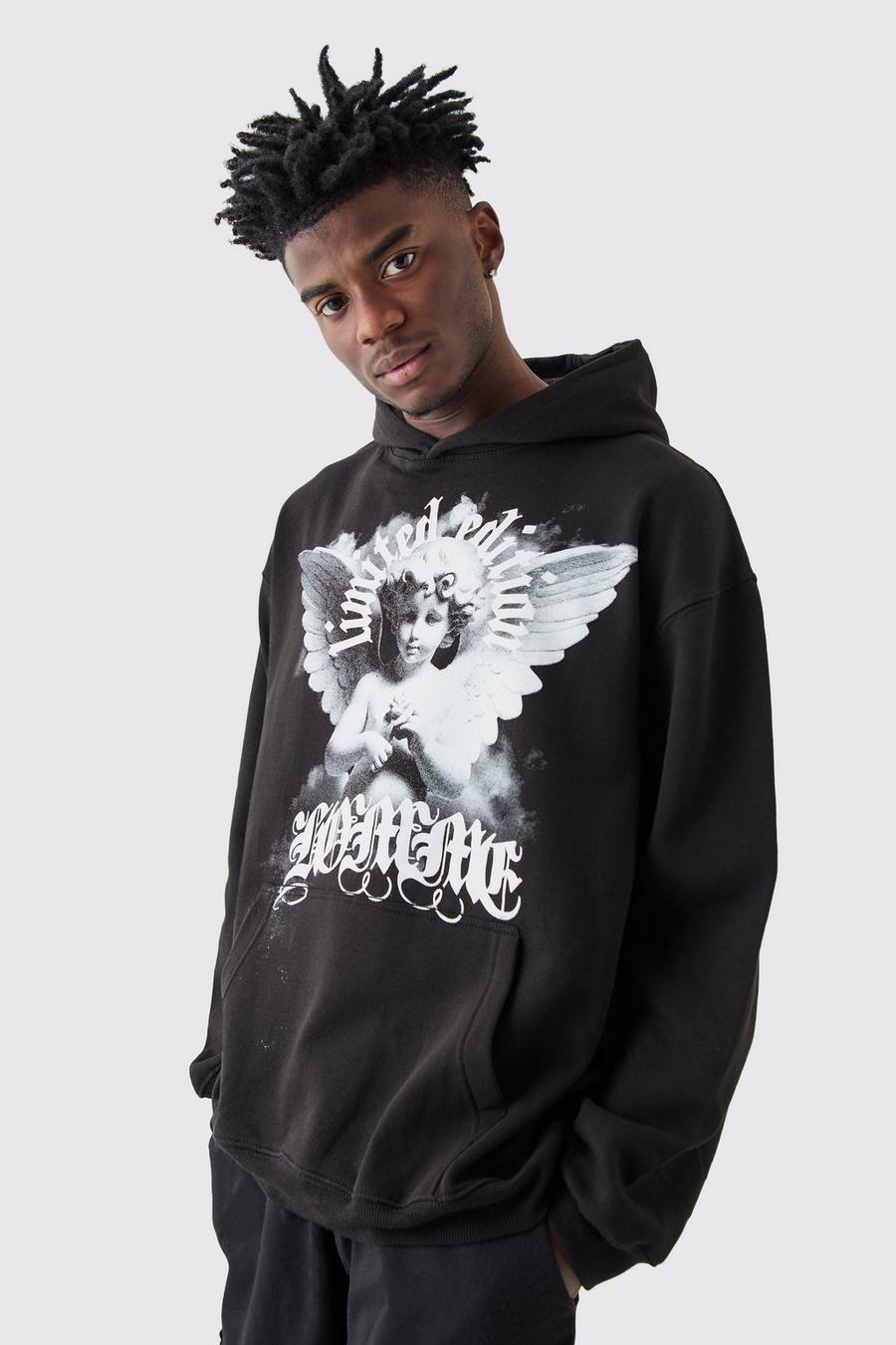 Black Oversized Homme Angel Graphic Hoodie  image number 1