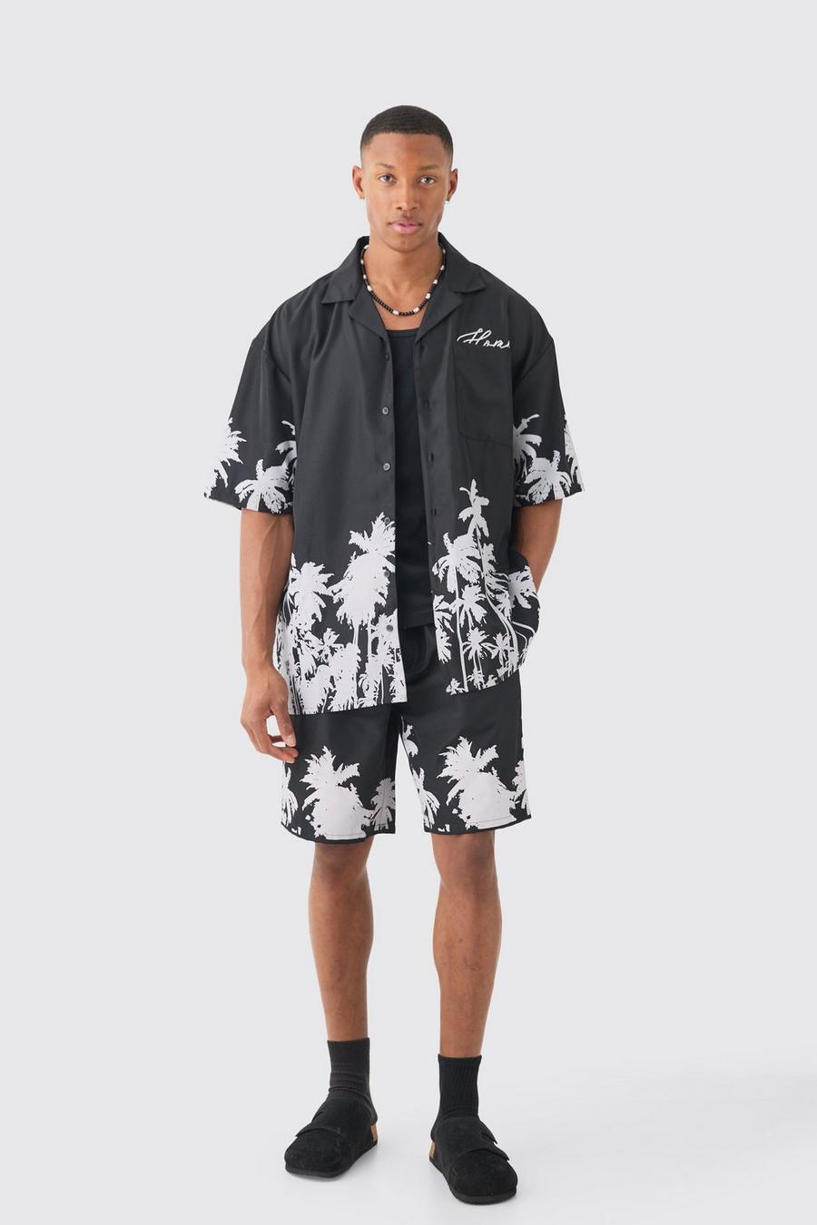 Black Zachte Oversized Boxy Keperstof Overhemd Met Palm Zoom En Shorts