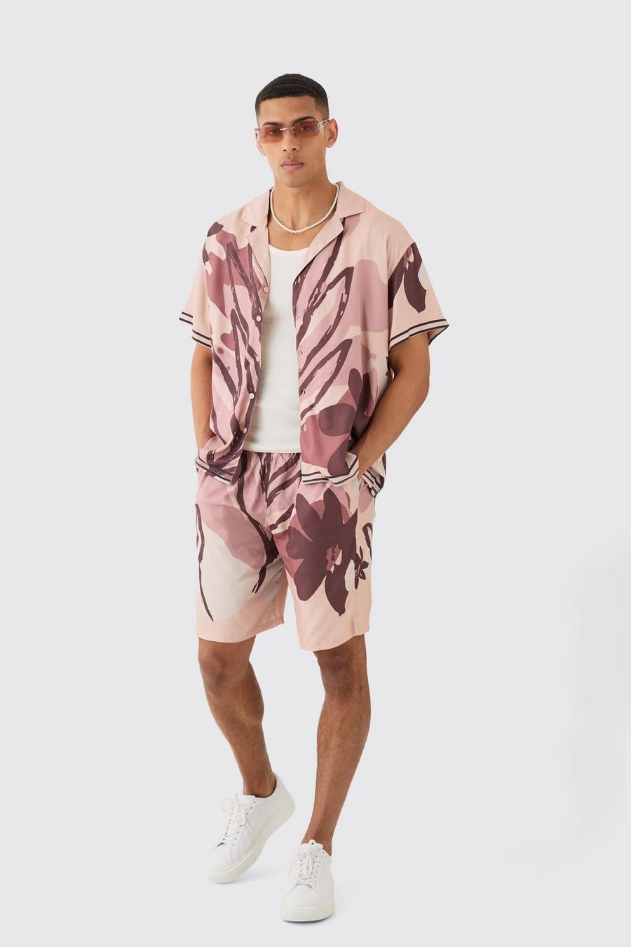 Stone Boxy Viscose Overhemd Met Abstracte Bloemen En Shorts