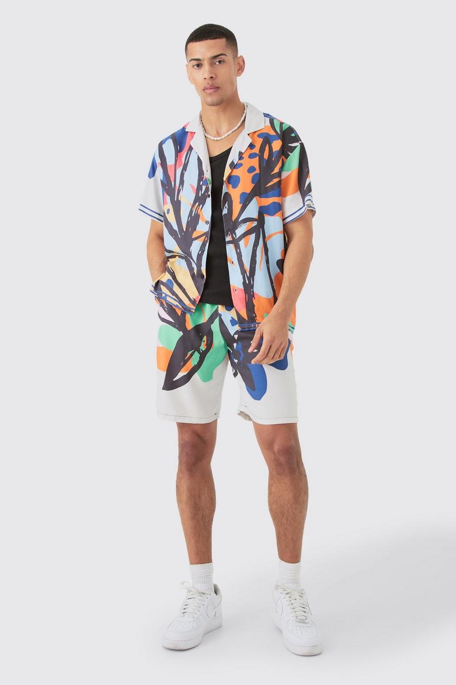 Multi Boxy Viscose Overhemd Met Abstracte Bloemen En Shorts
