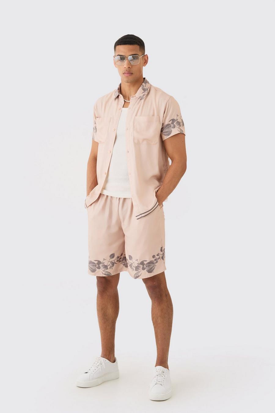 Stone Monochroom Viscose Overhemd Met Rug Detail En Shorts