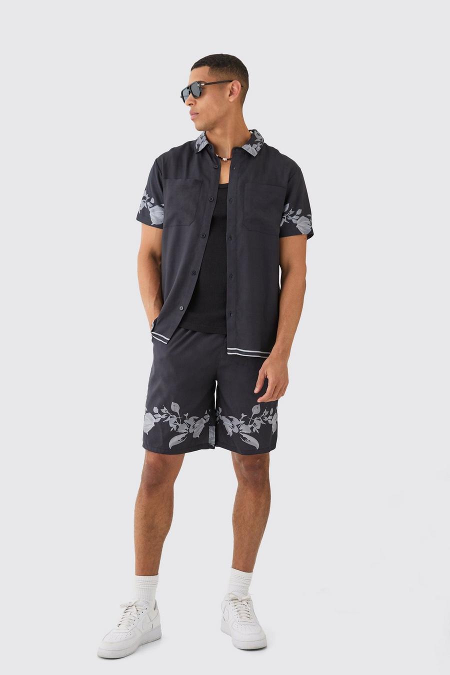 Black Monochroom Viscose Overhemd Met Rug Detail En Shorts