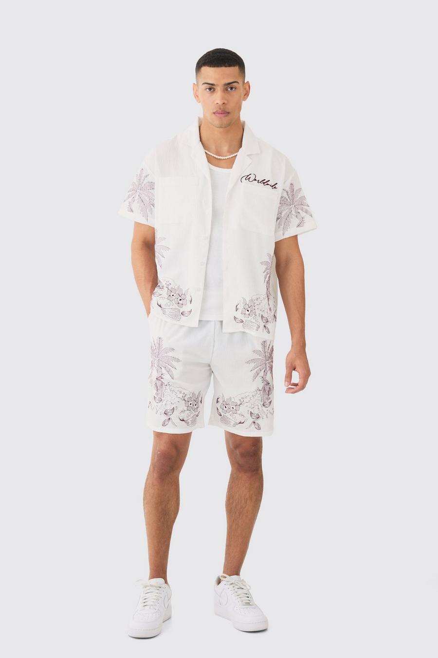 Camicia squadrata in seersucker con ricami a fiori & pantaloncini, White