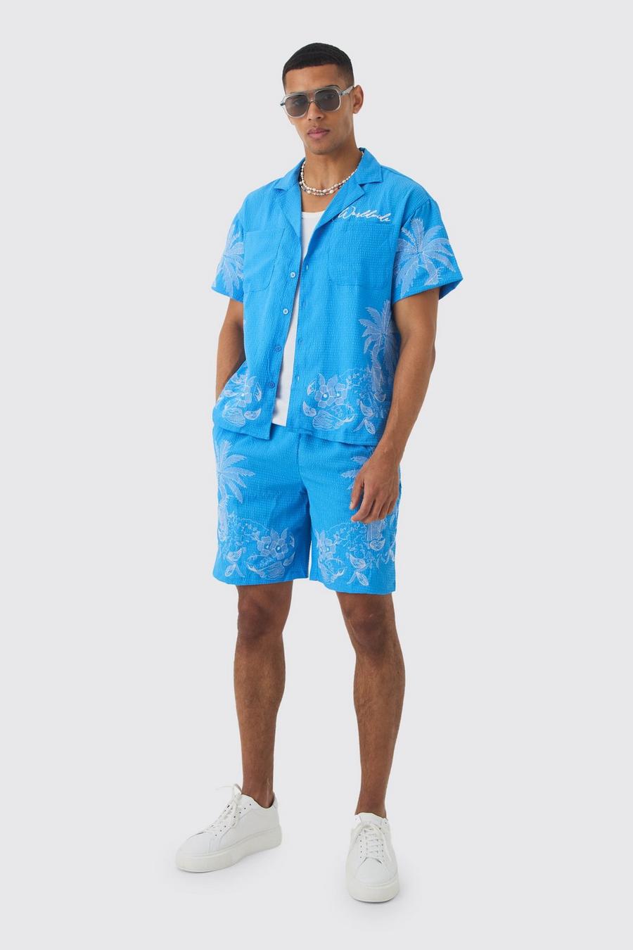 Blue Boxy Seersucker Embroidered Floral Shirt & Short Set