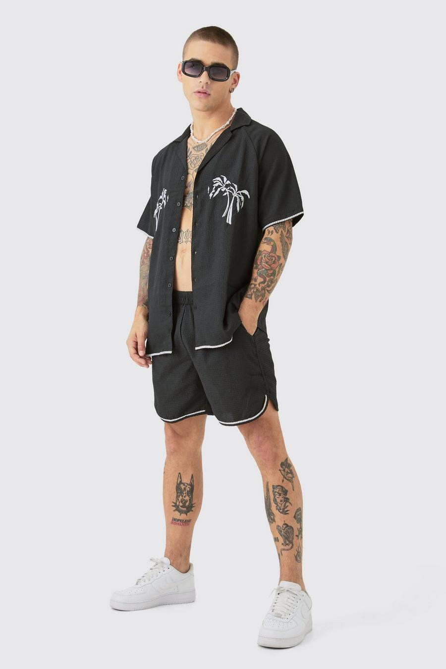 Black Oversized Seersucker Palm Embroidered Shirt & Short Set image number 1
