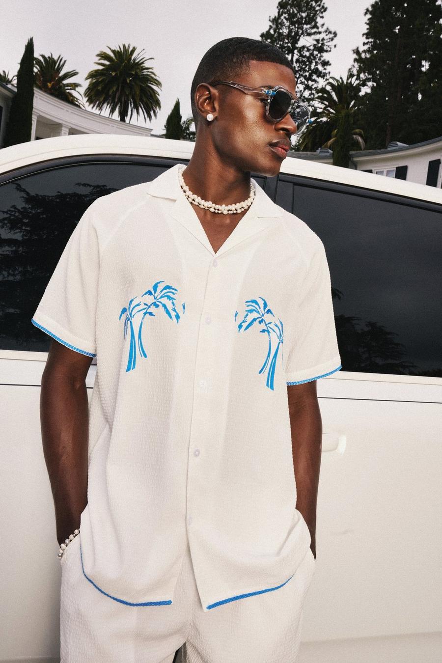 White Oversized Seersucker Palm Embroidered Shirt & Short Set image number 1