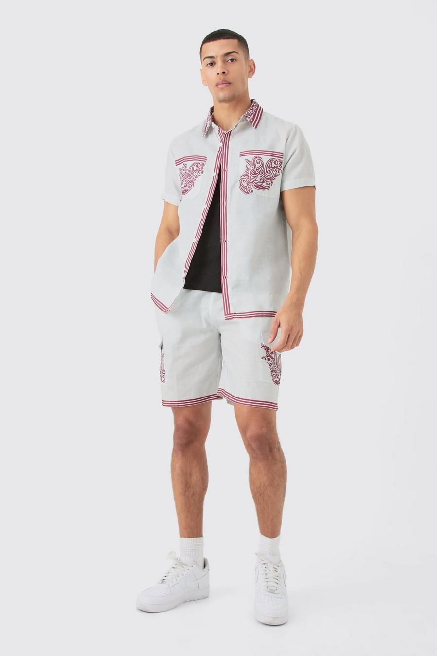 Hemd & Shorts im Leinenlook mit Taschen und Kragen-Detail, White