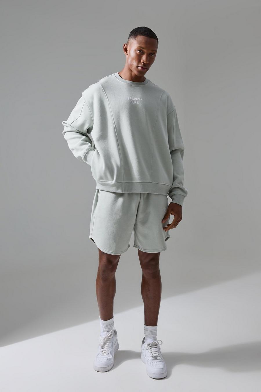 Kurzer kastiger Sweatshirt-Trainingsanzug mit Man Active Training Dept Print, Stone