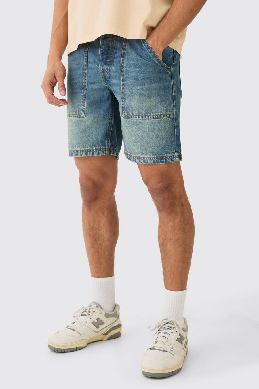 Pantalón corto vaquero ajustado sin tratar MAN con bolsillo trasero en relieve, Vintage blue image number 1
