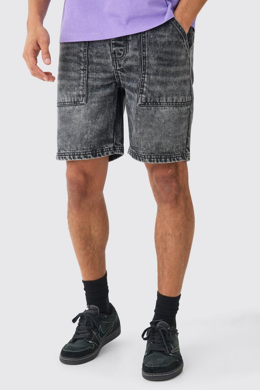 Pantaloncini in denim rigido Slim Fit con incisioni sul retro e tasche posteriori, Charcoal image number 1